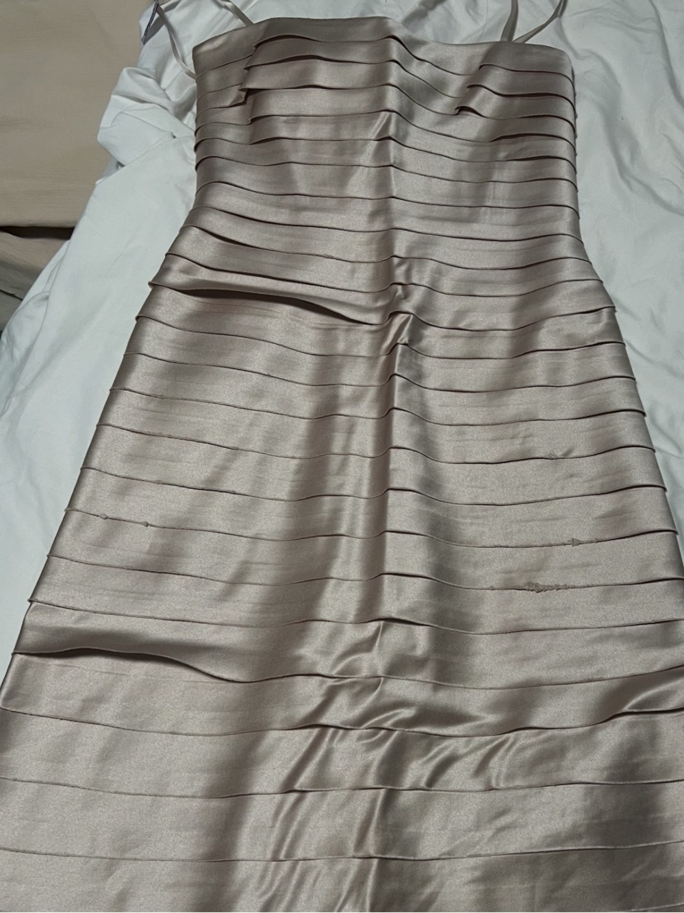 Vintage BCBG Champagne Satin Bandage Align Midi Strapless Dress